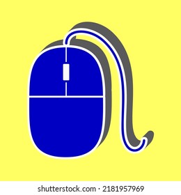 Mouse sign illustration. Blue Icon with white stroke in 3d at yellow Background. Illustration.
