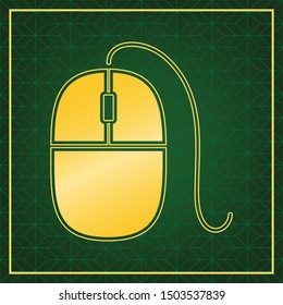 Mouse sign illustration. Golden icon with gold contour at dark green gridded white background. Illustration.