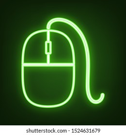 Mouse sign illustration. Green neon icon in the dark. Blurred lightening. Illustration.