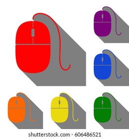Mouse sign illustration. Set of red, orange, yellow, green, blue and violet icons at white background with flat shadow.