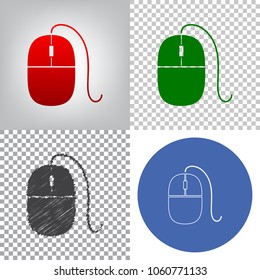 Mouse sign illustration. Vector. 4 styles. Red gradient in radial lighted background, green flat and gray scribble icons on transparent and linear one in blue circle.