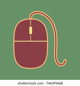 Mouse sign illustration. Vector. Cordovan icon and mellow apricot halo with light khaki filled space at russian green background.