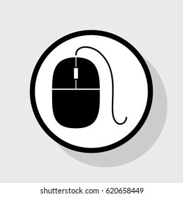 Mouse sign illustration. Vector. Flat black icon in white circle with shadow at gray background.