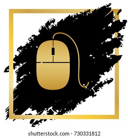 Mouse sign illustration. Vector. Golden icon at black spot inside golden frame on white background.