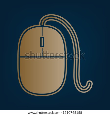Mouse sign illustration. Vector. Golden icon and border at dark cyan background.