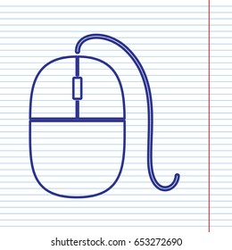Mouse sign illustration. Vector. Navy line icon on notebook paper as background with red line for field.