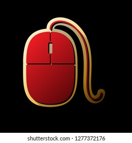 Mouse sign illustration. Vector. Red icon with small black and limitless shadows at golden sticker on black background.