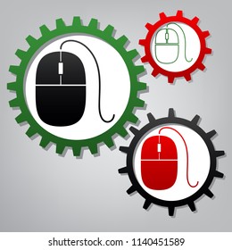 Mouse sign illustration. Vector. Three connected gears with icons at grayish background.