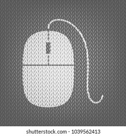Mouse sign illustration. Vector. White knitted icon on gray knitted background. Isolated.