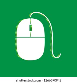 Mouse sign illustration. Vector. White flat icon with yellow striped shadow at green background.
