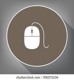Mouse sign illustration. Vector. White icon on brown circle with white contour and long shadow at gray background. Like top view on postament.