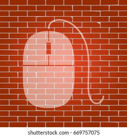 Mouse sign illustration. Vector. Whitish icon on brick wall as background.