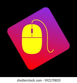 Mouse sign illustration. Vector. Yellow icon at violet-red gradient square with rounded corners rotated for dynamics on black background.