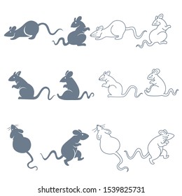 Mouse silhouettes and isolated outline icons vector. Mice sitting and sneaking or slinking, top view, rodent or pest. Lab or domestic rat, pet or wild animal. Home pet shadow and linear symbol