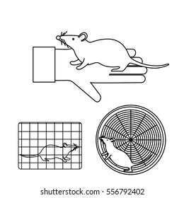 Mouse siting on a gloved hand in lab experiments isolated on white background. Stock vector illustration of usual procedures using mice in medical biological research. Medicine and biology collection.