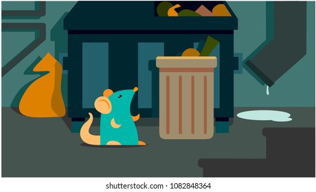 mouse sits in the garbage can. urban landscape. vector illustration