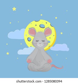 the mouse sits in a Lotus position and meditates behind his Moon in the form of cheese and clouds with stars
