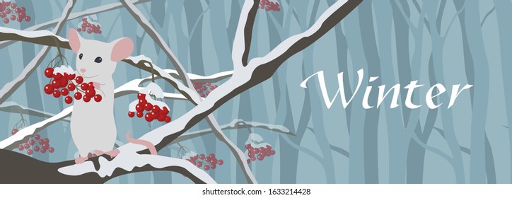 mouse sits on a rowan branch. Vector illustration. Hand drawn