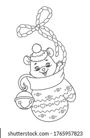 Mouse sitting in Christmas mitten coloring page. Black and white cartoon illustration