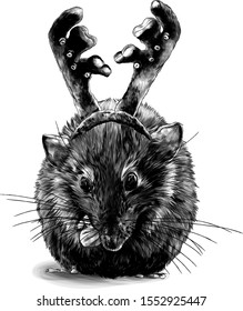 mouse sitting cross-legged with a decoration on his head in the form of a soft rim with deer antlers, sketch vector graphics monochrome illustration on a white background