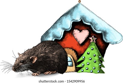 mouse sitting in full next to rag toy Christmas house, sketch vector graphics color illustration on white background