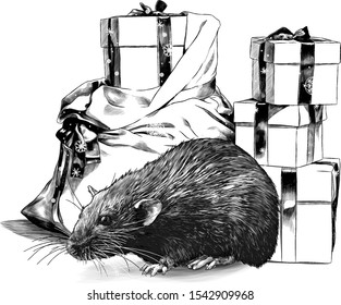mouse sitting next to a mountain of gift boxes with Christmas bag, sketch vector graphics monochrome illustration on white background