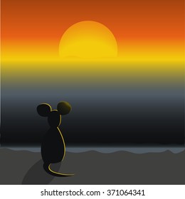 A mouse sitting on a beach and looking at the sunset. Vector illustration