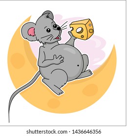 Mouse sitting on cheese moon and eating piece of cheese         