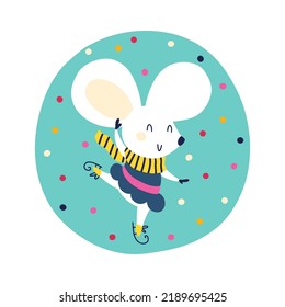 Mouse skating on ice. Christmas winter animal character in simple hand drawn scandinavian style. A colorful childish cartoon in a colorful festive palette. Vector illustration