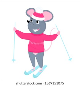 Mouse skating skiing. Rat is a symbol of Chinese New Year 2020.