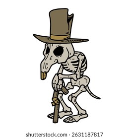 A mouse skeleton wearing a torn hat standing with a stick, cartoon vector illustration