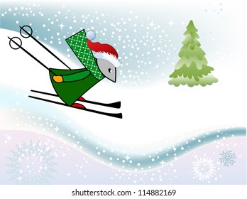 mouse skiing with santa hat winter background