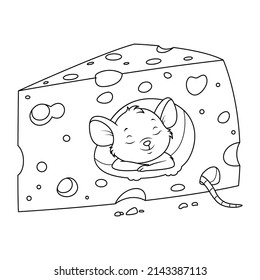 Ratón durmiendo en la página de coloreado de queso. Ilustración de dibujos animados en blanco y negro