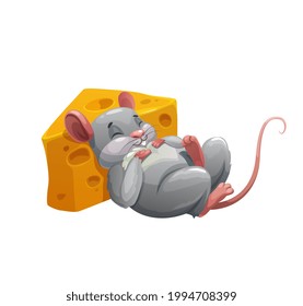 Mouse sleeping on cheese cartoon character. Vector rat animal leaning against yellow wedge of Swiss cheese with big eyes or holes, cute little grey mouse resting after eating