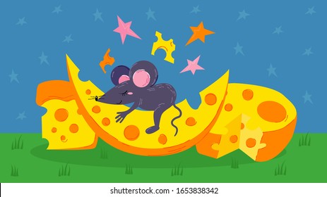 Mouse sleeping on cheese vector illustration flat style. Cute little cartoon mouse fluffy rodent animal character lying dreaming on cheese slice outdoor under starry night sky.
