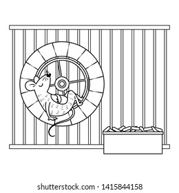 A mouse sleeping in running wheel vector illustration. Guinea pig in cage. Cute mouse cartoon colorless. 