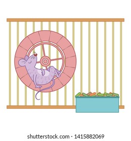 A mouse sleeping in running wheel vector illustration. Guinea pig in cage. Cute pastel mouse cartoon.  