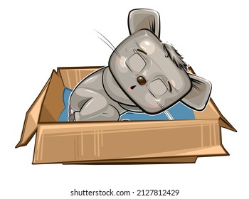 The Mouse sleeps in a cardboard box. A pet as a gift or a homeless person. Childrens illustration. The cute animal fell asleep. Picture in cartoon style. Isolated on white background. Vector.