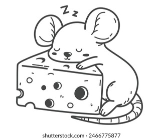 The mouse sleeps contentedly, hugging a cheese, its favorite food. Hand drawing vector illustration in black outline on a white background.