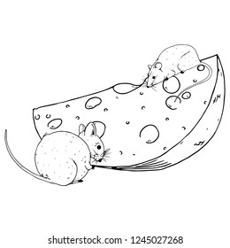 Mouse with a slice of cheese hand drawn. Vector illustration of a cartoon mouse on cheese. Icon mouse with cheese.