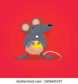 Mouse with a slice of cheese in his hand, The year of the rat, Rat vector illustration, isolated on background
