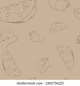 Mouse with a slice of cheese seamless pattern hand drawn. Vector of a cartoon mouse on cheese. Icon mouse with cheese.