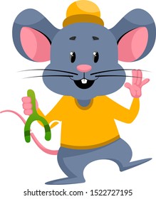 Ratón con disparo de honda, ilustración, vector sobre fondo blanco.