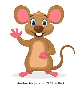 Mouse smiles and waves a friendly paw on a white background. Character.