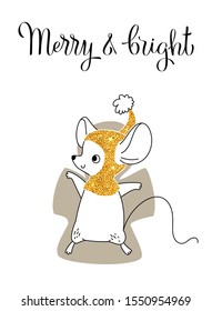 Mouse in the snow, greeting card for your design, vector illustration 10eps