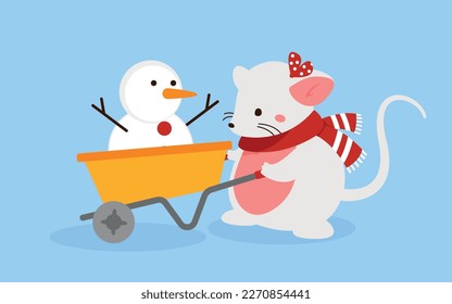 Mouse with snowman. Rodent in red scarf and warm clothes with cart. Symbol of cold weather and winter season. Poster or banner for website. Cartoon flat vector illustration