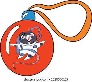 
mouse in a spacesuit print on a Christmas red toy.Rat symbol 2019 decorates a glass ball with which you can decorate a Christmas tree and an apartment.Decorative element christmas rat or mouse 