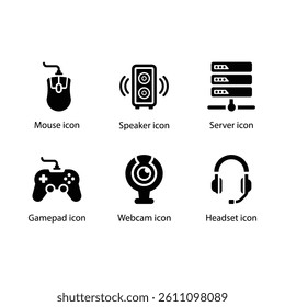 Mouse, Speaker, Server, Gamepad, Webcam, Headset, Black Icon Set