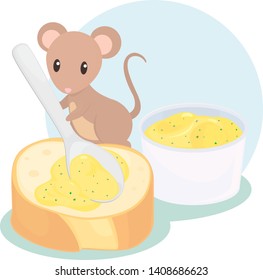 Mouse Spreading Herb Butter on Baguette Slice