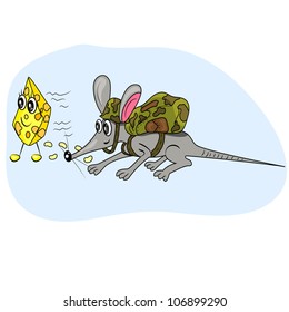 mouse spying cheese cartoon illustration. food and animal